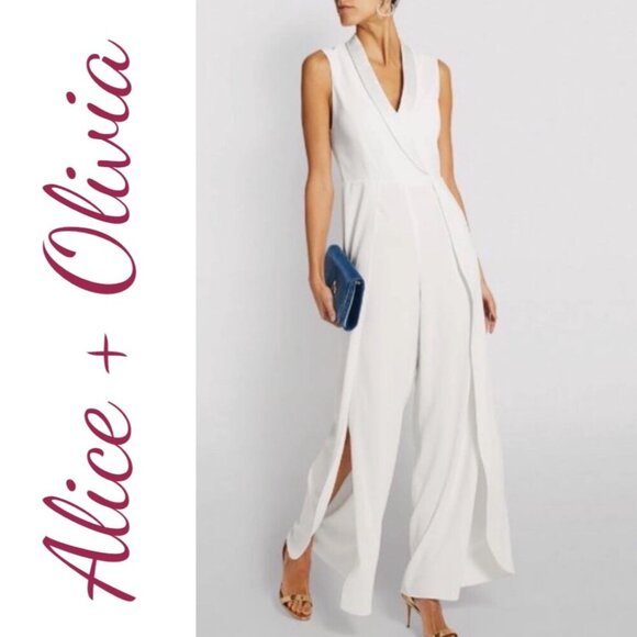 NWT ALICE + OLIVIA Bebe White Shawl Collar Split Leg Sleeveless Jumpsuit Size 12 - Picture 4 of 14
